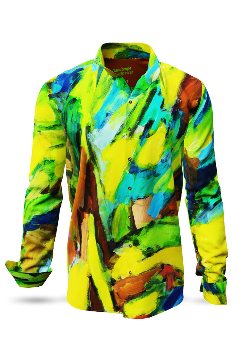 Discover Button Up Shirt LANDSCAPE WITH RIVER - 100 % co