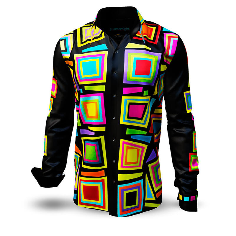 SUMMERNIGHT - Dark-coloured long-sleeved shirt with coloured squares - GERMENS artfashion - Unusual long sleeve shirt in 10 sizes - Made in Germany