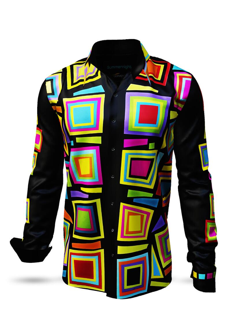 SUMMERNIGHT - Dark-coloured long-sleeved shirt with coloured squares - GERMENS artfashion - Unusual long sleeve shirt in 10 sizes - Made in Germany