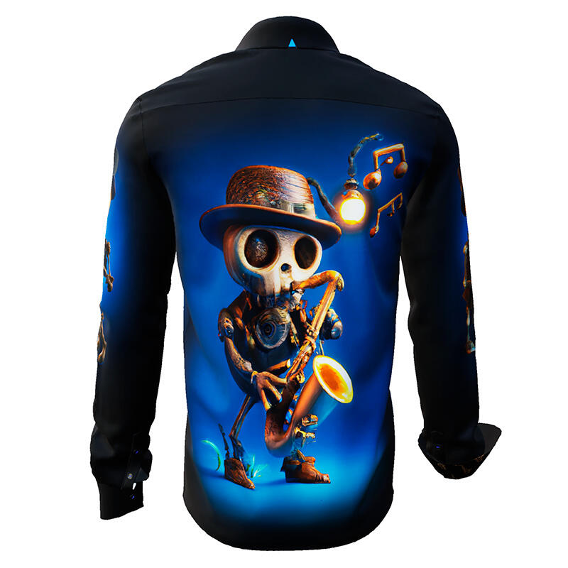 MR. DEATH PLAYS SAXOPHONE - dark shirt with skeleton playing music - GERMENS