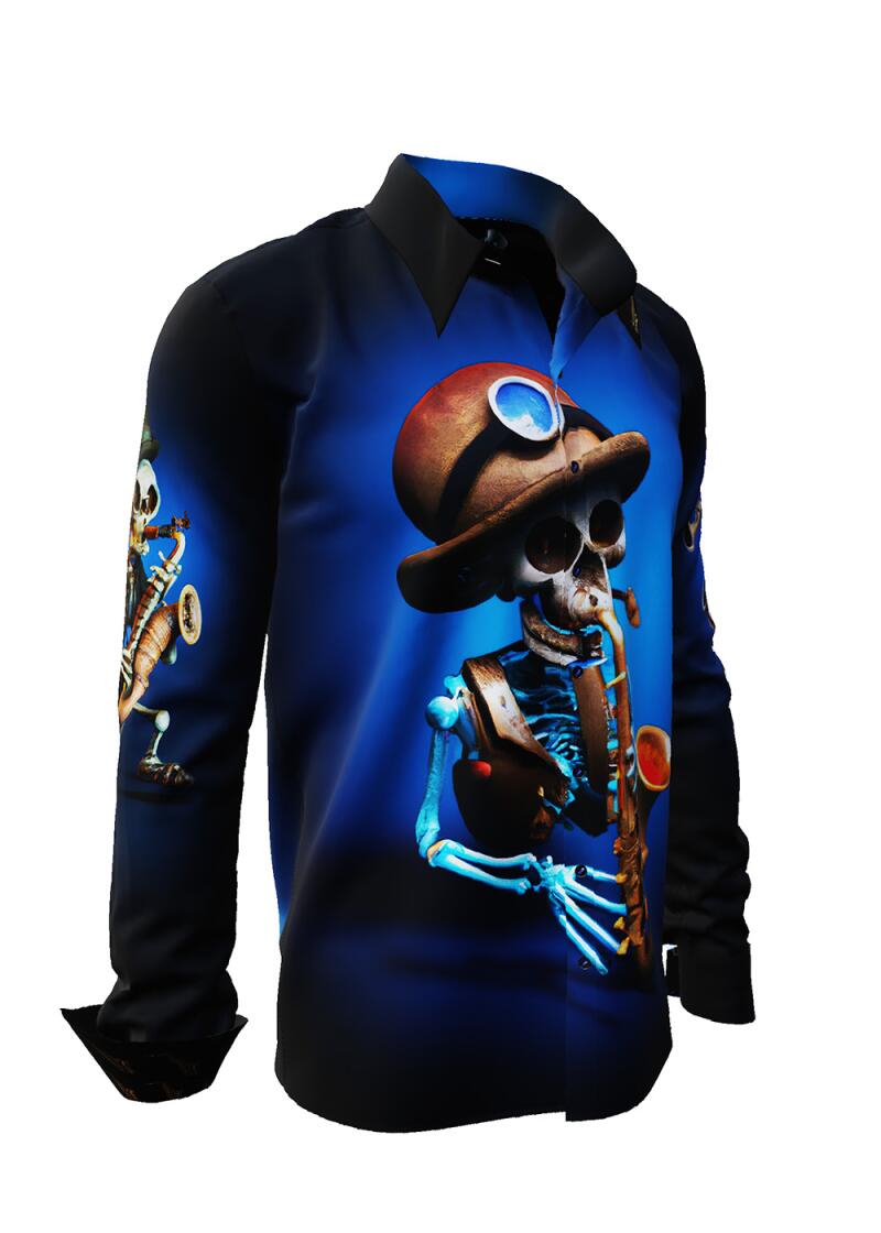 MR. DEATH PLAYS SAXOPHONE - dark shirt with skeleton playing music - GERMENS