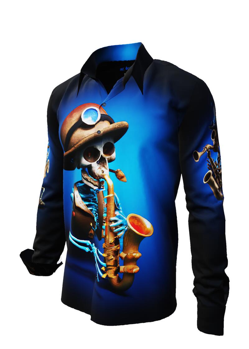 MR. DEATH PLAYS SAXOPHONE - dark shirt with skeleton playing music - GERMENS