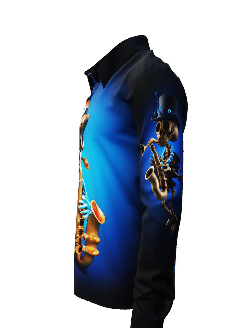 MR. DEATH PLAYS SAXOPHONE - dark shirt with skeleton playing music - GERMENS