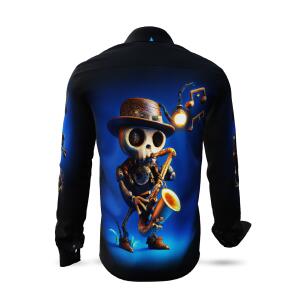 MR. DEATH PLAYS SAXOPHONE - dark shirt with skeleton...