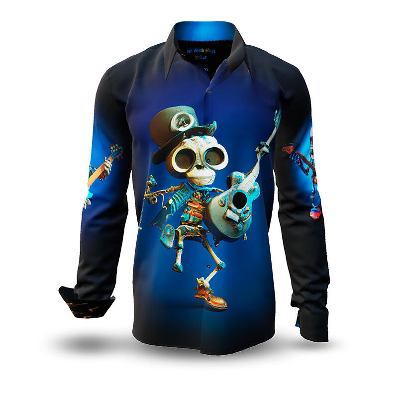 MR. DEATH PLAYS GUITAR - dark shirt with skeleton playing music - GERMENS