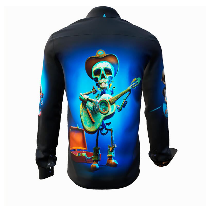MR. DEATH PLAYS GUITAR - dark shirt with skeleton playing music - GERMENS