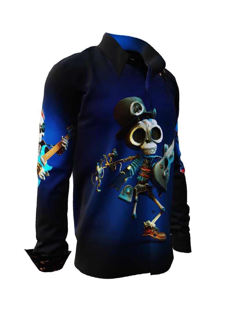 MR. DEATH PLAYS GUITAR - dark shirt with skeleton playing music - GERMENS