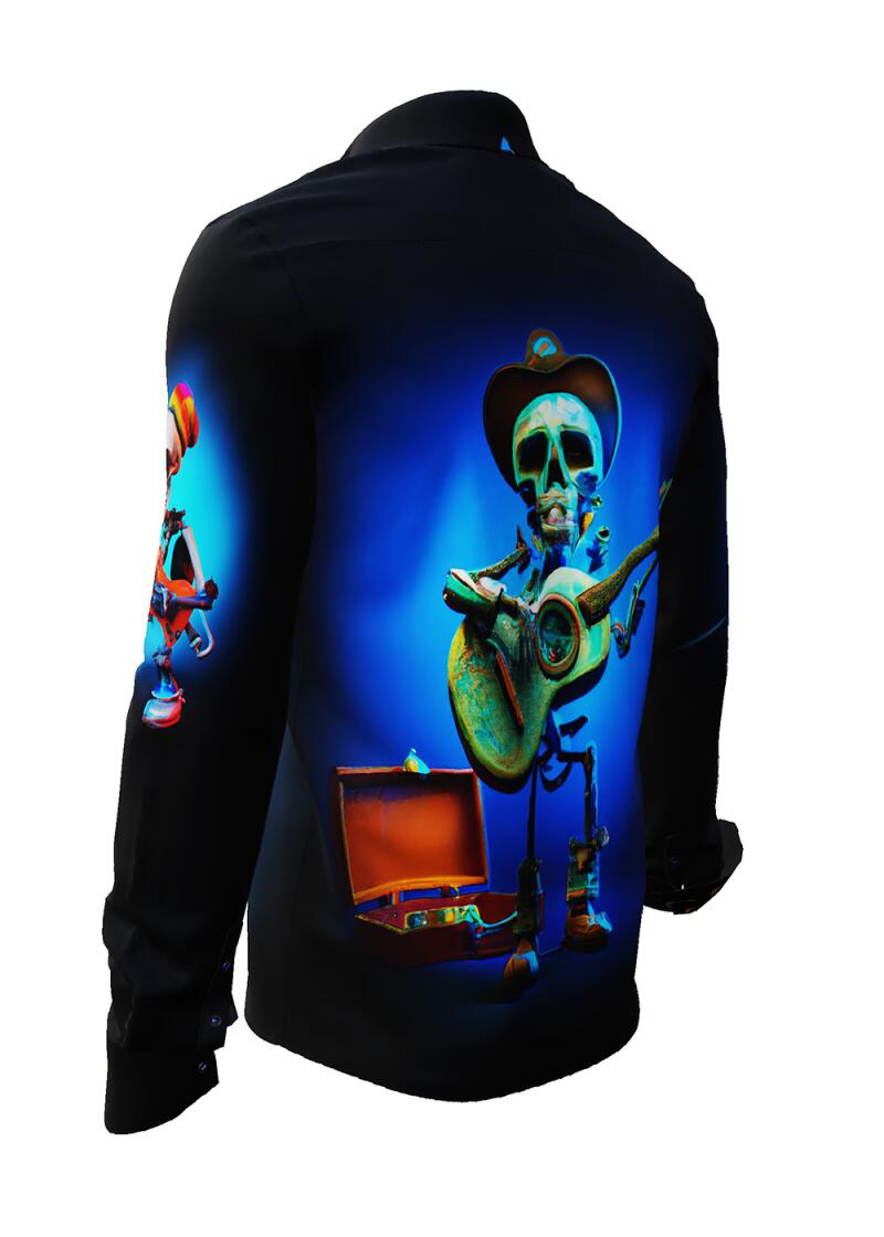 MR. DEATH PLAYS GUITAR - dark shirt with skeleton playing music - GERMENS