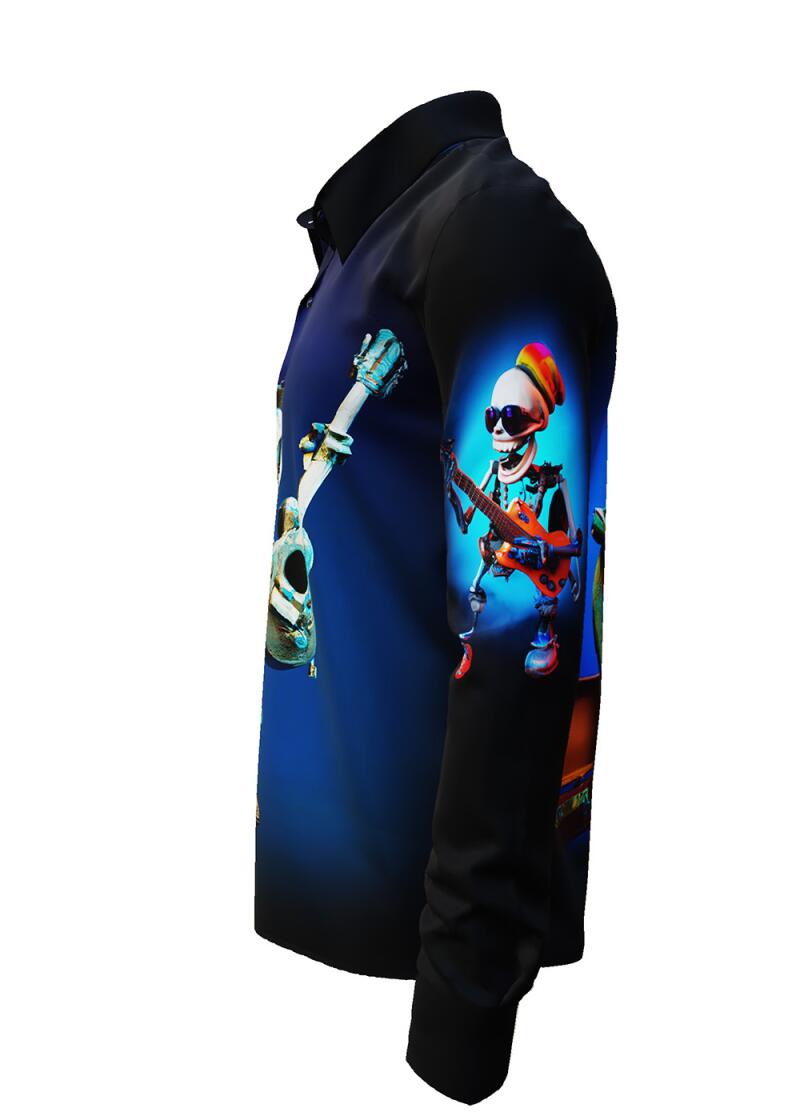 MR. DEATH PLAYS GUITAR - dark shirt with skeleton playing music - GERMENS
