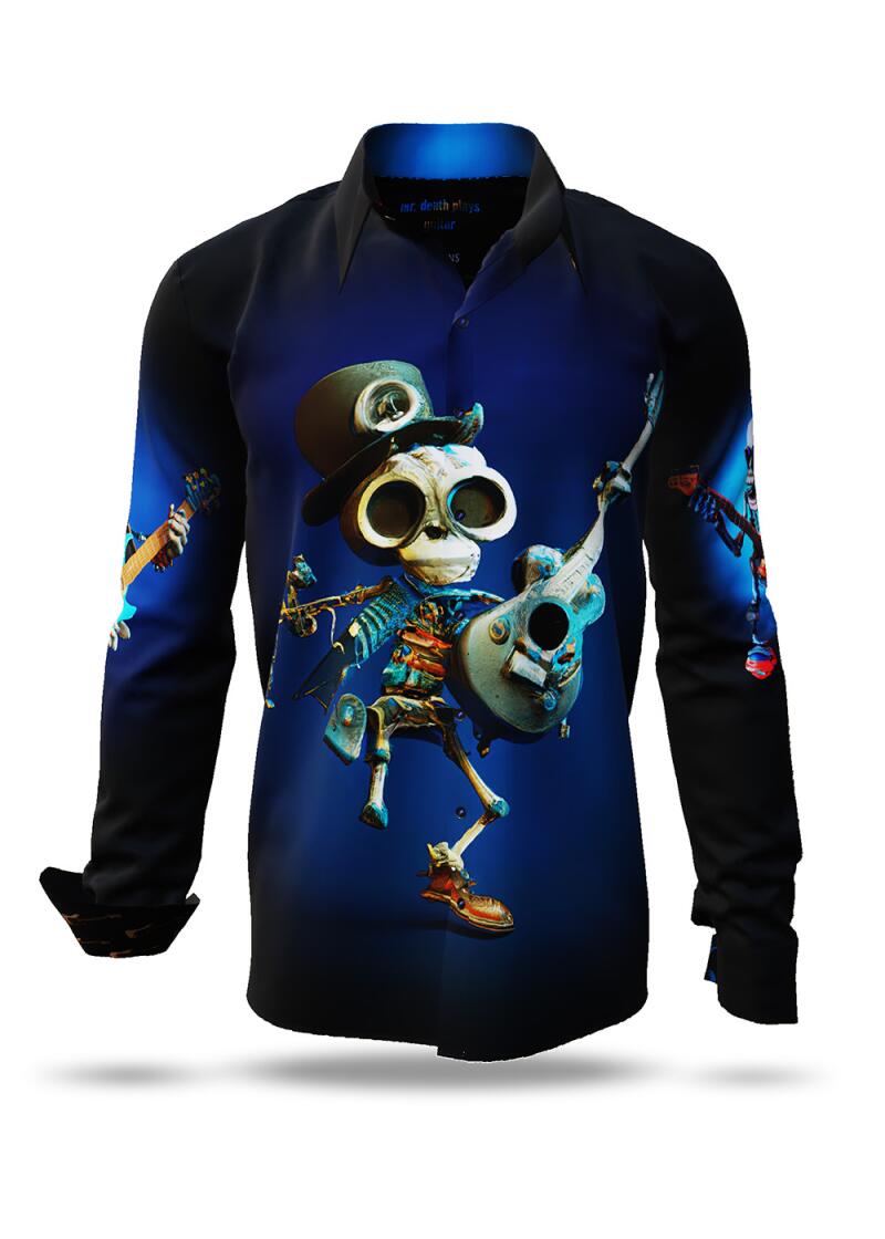 MR. DEATH PLAYS GUITAR - dark shirt with skeleton playing music - GERMENS