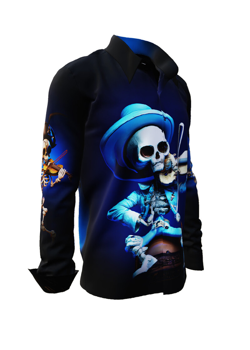 MR. DEATH PLAYS VIOLIN - dark shirt with skeleton playing music - GERMENS