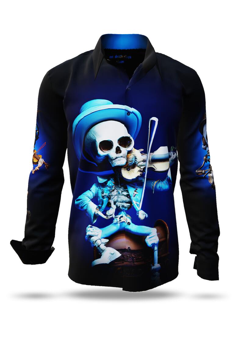 MR. DEATH PLAYS VIOLIN - dark shirt with skeleton playing music - GERMENS