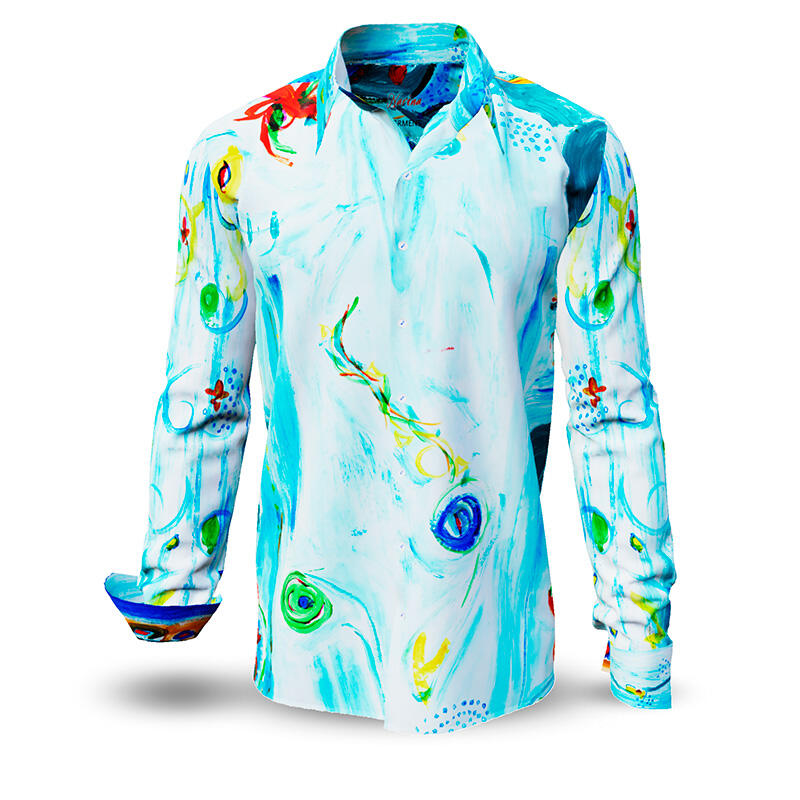 NARINA - light blue long sleeve shirt with colored drawings - GERMENS artfashion - Unusual long sleeve shirt in 10 sizes - Made in Germany