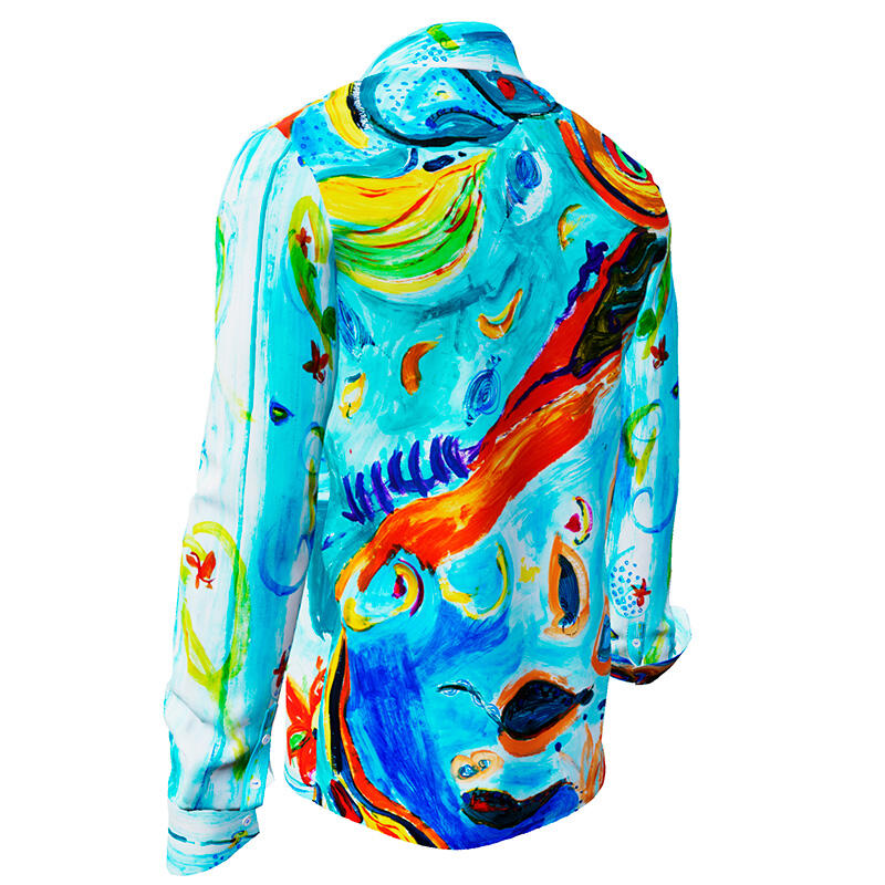 NARINA - light blue long sleeve shirt with colored drawings - GERMENS artfashion - Unique long sleeve shirt designed by artists - Made in Germany