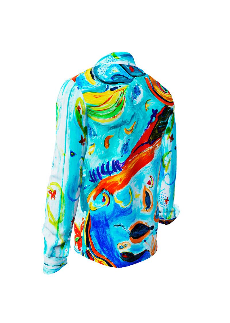 NARINA - light blue long sleeve shirt with colored drawings - GERMENS artfashion - Unique long sleeve shirt designed by artists - Made in Germany