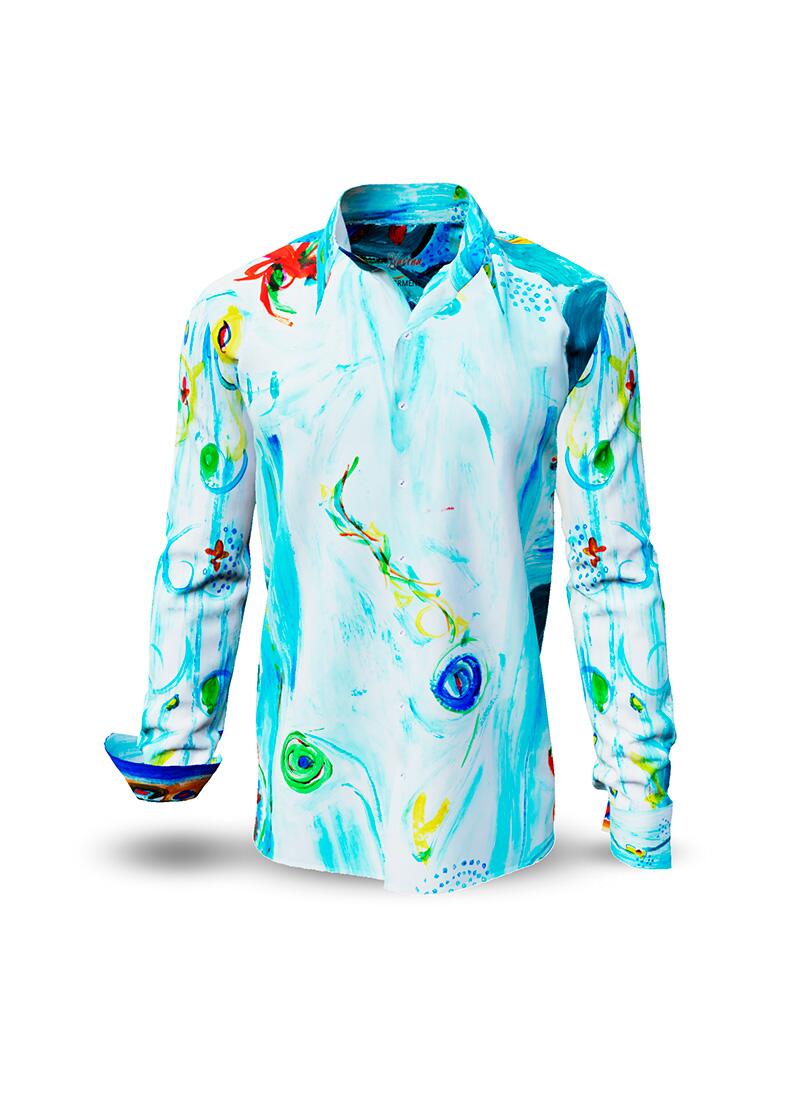 NARINA - light blue long sleeve shirt with colored drawings - GERMENS artfashion - Unusual long sleeve shirt in 10 sizes - Made in Germany