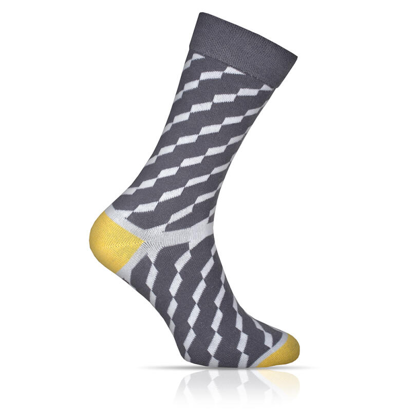 GRAY RHOMBUS - Graue Socke mit Rautenmuster und gelber Ferse