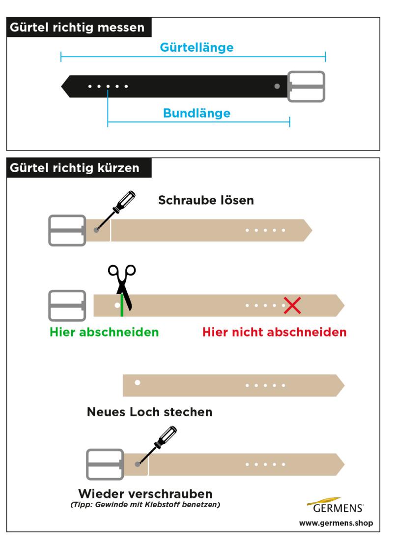 Finden Sie die perfekte Bundlänge für Ihren GERMENS-Gürtel und beauftragen Sie die Kürzung des Gürtels.