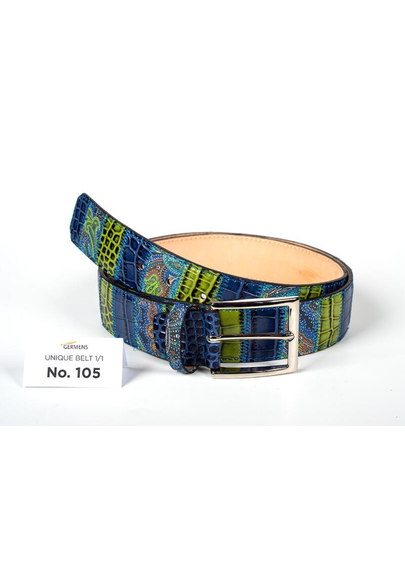Entdecken Sie den GERMENS Ledergürtel Herren No. 105. Handgefertigt in Mailand aus hochwertigem Rindsleder, einzigartiges Patchwork-Design, exklusiv und limitiert.
