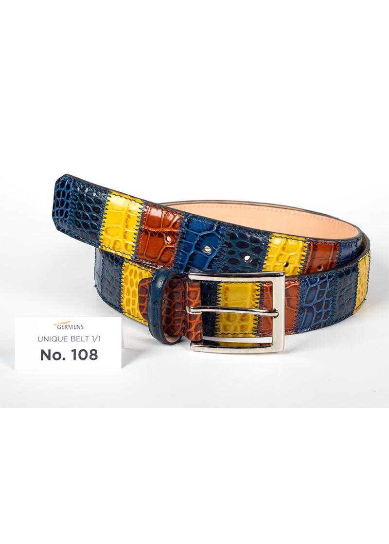 Entdecken Sie den GERMENS Ledergürtel Herren No. 108. Handgefertigt in Mailand aus hochwertigem Rindsleder, einzigartiges Patchwork-Design, exklusiv und limitiert.