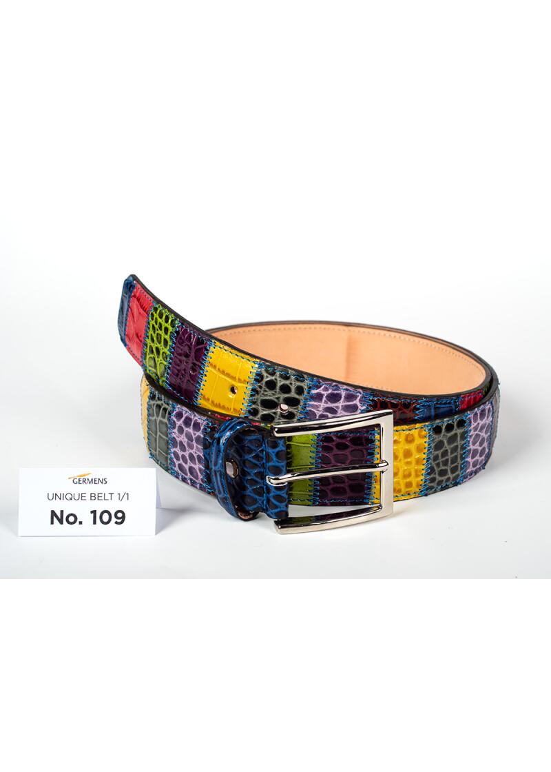 Entdecken Sie den GERMENS Ledergürtel Herren No. 109. Handgefertigt in Mailand aus hochwertigem Rindsleder, einzigartiges Patchwork-Design, exklusiv und limitiert.