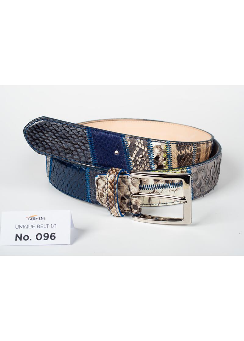 Discover the GERMENS mens leather belt No. 096, handmade in Milan from high-quality python and cowhide leather, unique patchwork design, exclusive and limited.