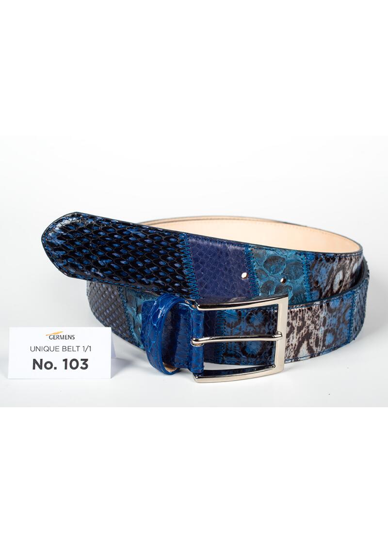 Entdecken Sie den GERMENS Ledergürtel Herren No. 103. Handgefertigt in Mailand aus hochwertigem Python- und Rindsleder, einzigartiges Patchwork-Design, exklusiv und limitiert.