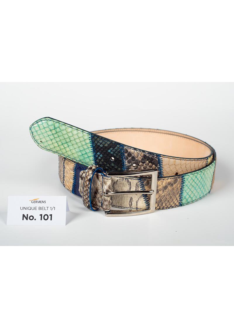 Entdecken Sie den GERMENS Ledergürtel Herren No. 101. Handgefertigt in Mailand aus hochwertigem Python- und Rindsleder, einzigartiges Patchwork-Design, exklusiv und limitiert.