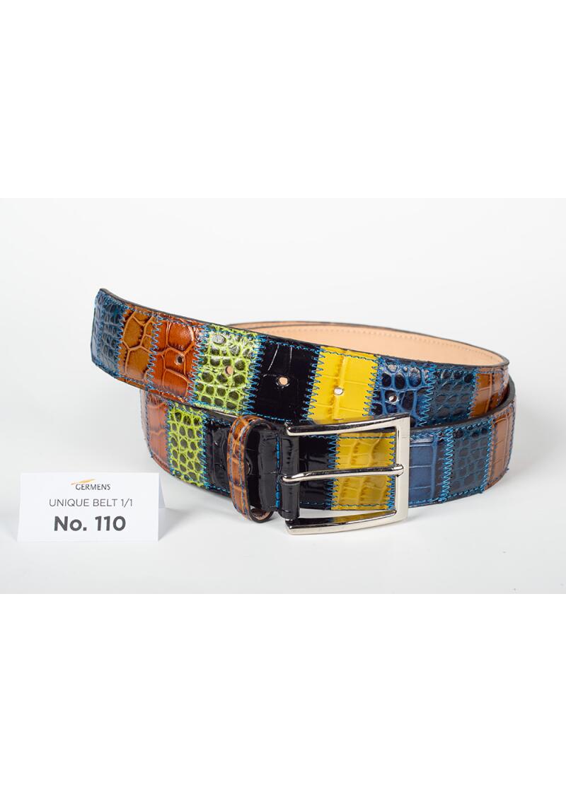 Entdecken Sie den GERMENS Ledergürtel Herren No. 110. Handgefertigt in Mailand aus hochwertigem Rindsleder, einzigartiges Patchwork-Design, exklusiv und limitiert.