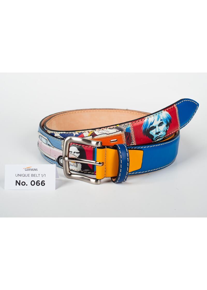 Entdecken Sie den exklusiven Ledergürtel Herren No. 066. Handgefertigt in Mailand aus hochwertigem Rindsleder mit gedruckten und aufgenähten Motiven Pop Art