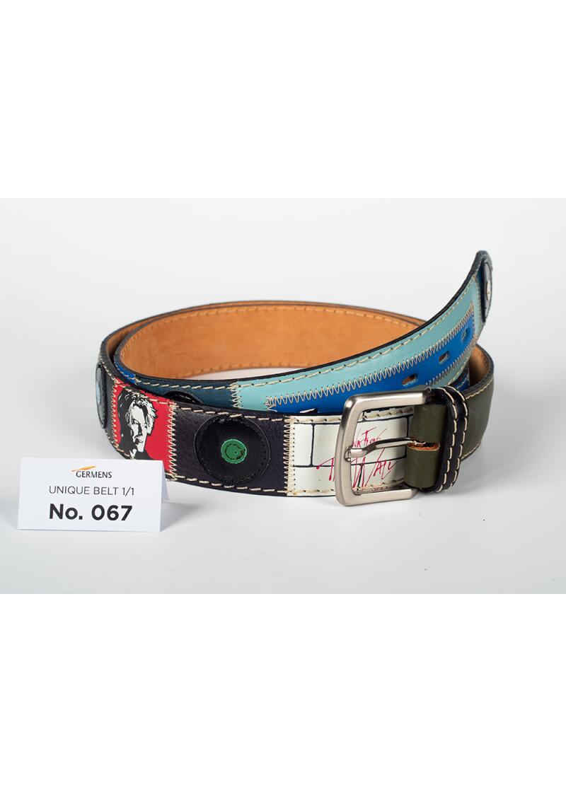 Entdecken Sie den exklusiven Ledergürtel Herren No. 067. Handgefertigt in Mailand aus hochwertigem Rindsleder mit gedruckten und aufgenähten Motiven Pop Art