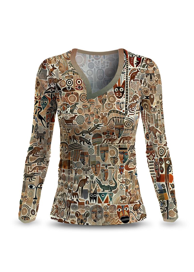 beiges Langarmshirt Damen OUTBACK ESSENCE von GERMENS artfashion mit Motiven Australiens - hergestellt aus 100 % Baumwolle Made in Sachsen/Germany - 7 Größen von XS bis 3XL