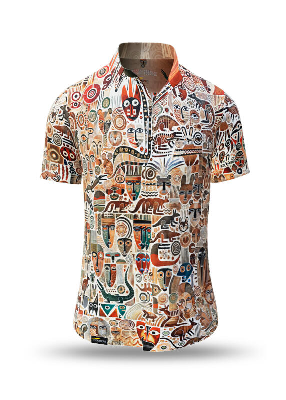 beiges Sommerhemd Herren OUTBACK ESSENCE von GERMENS artfashion mit Motiven des Outbacks in Australien - 100 % Baumwolle
