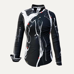 lässige Damenbluse Langarm - LEBENSADER KAVIAR - Dunkle Bluse m. weißer Zeichnung GERMENS - GERMENS artfashion - 100 % Baumwolle - Größe XXL