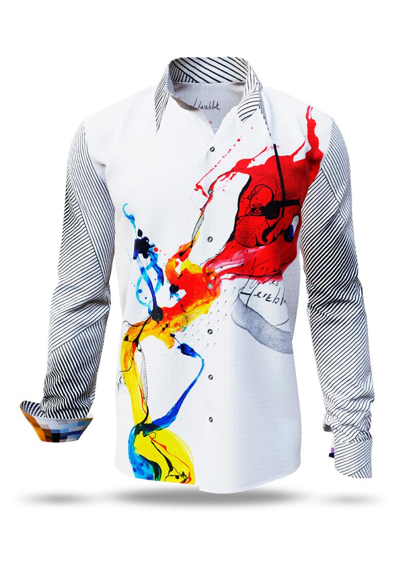 HERZBLUT - White men´s shirt with colored artists drawing