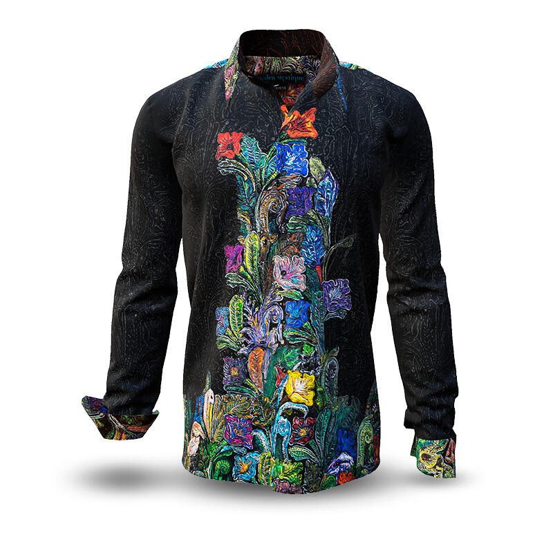 GARDEN MYSTIQUE - Noble dark men's shirt with colored flowers