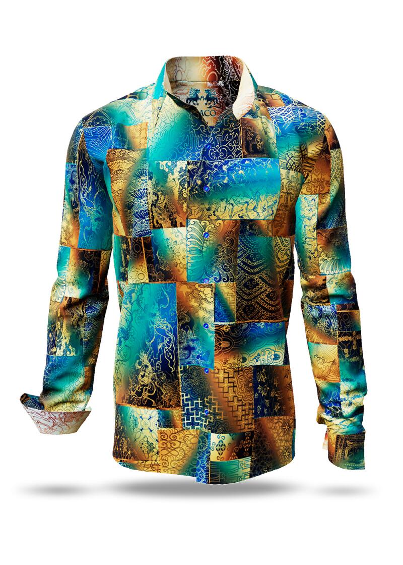 DRACO TÜRKIS - turquoise golden shirt with Asian depictions - GERMENS