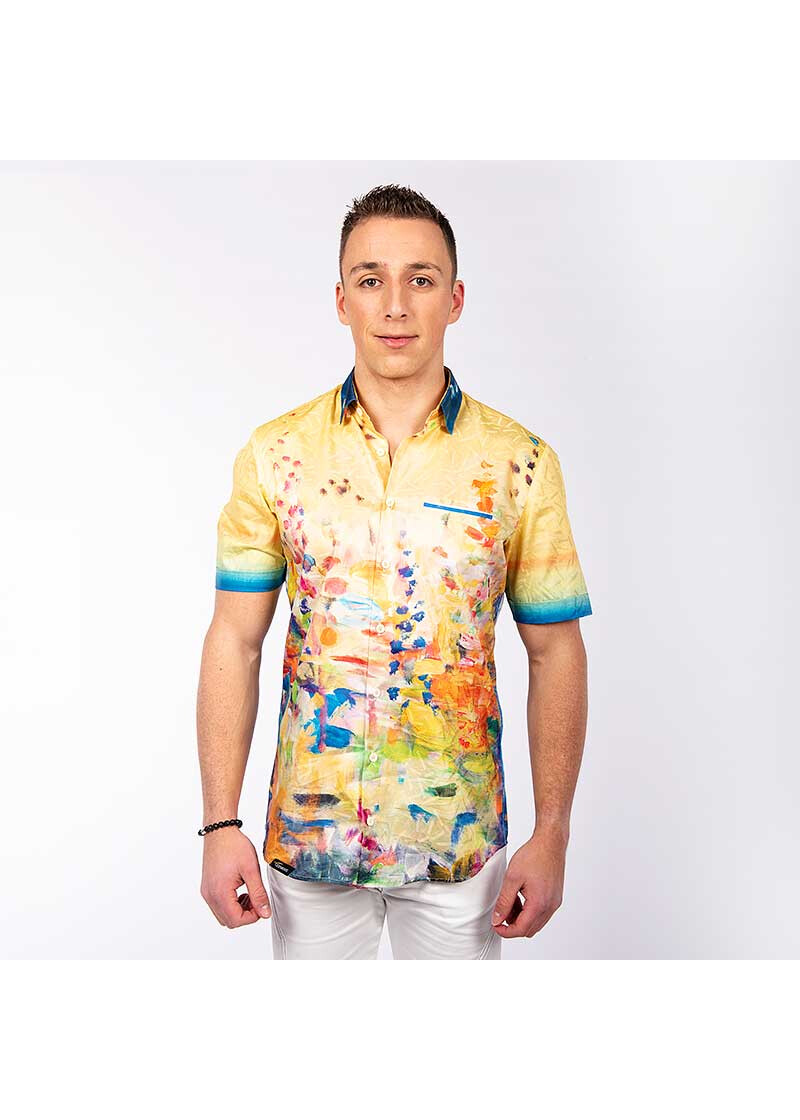 GIVERNY - Gelb blaues Kurzarmhemd mit farbigen Tupfern - GERMENS