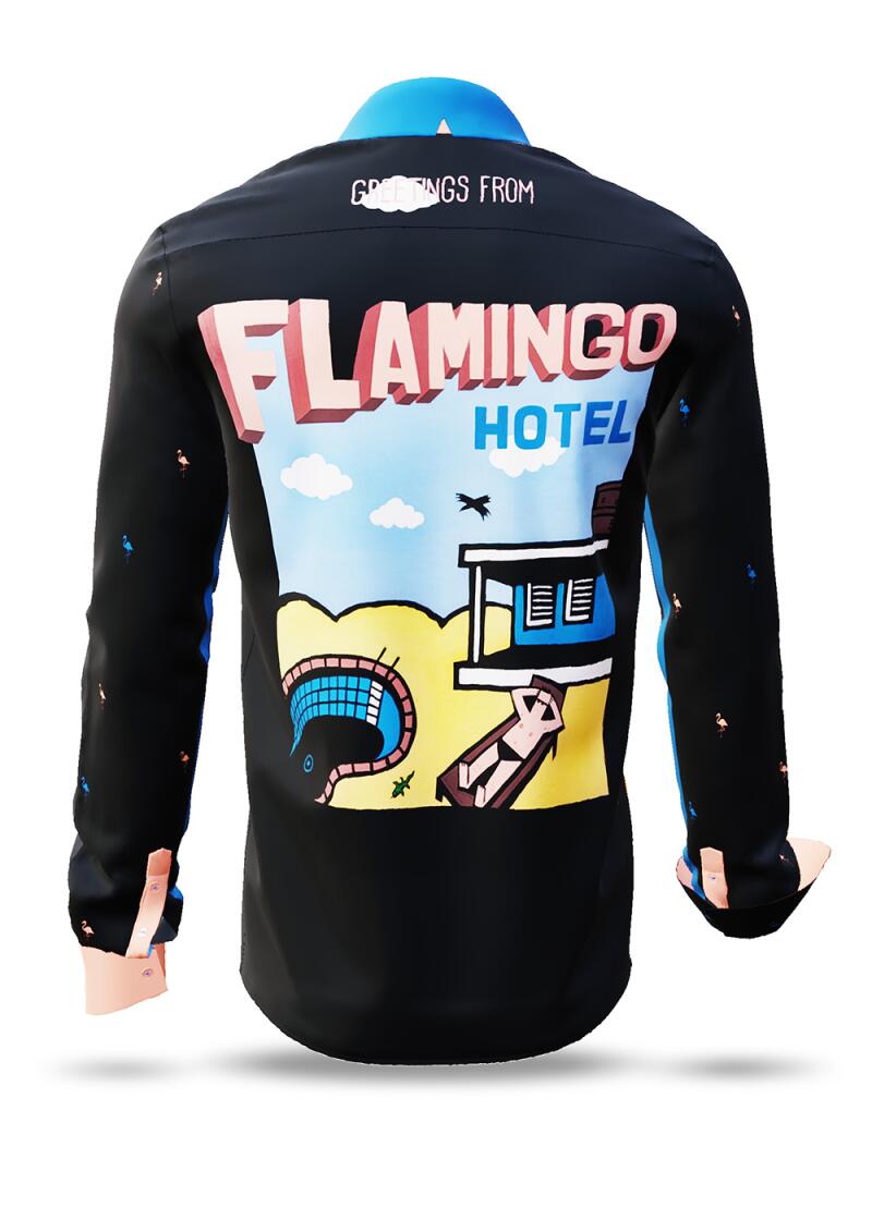 FLAMINGO HOTEL 1 - Black shirt with coloured back graphic...