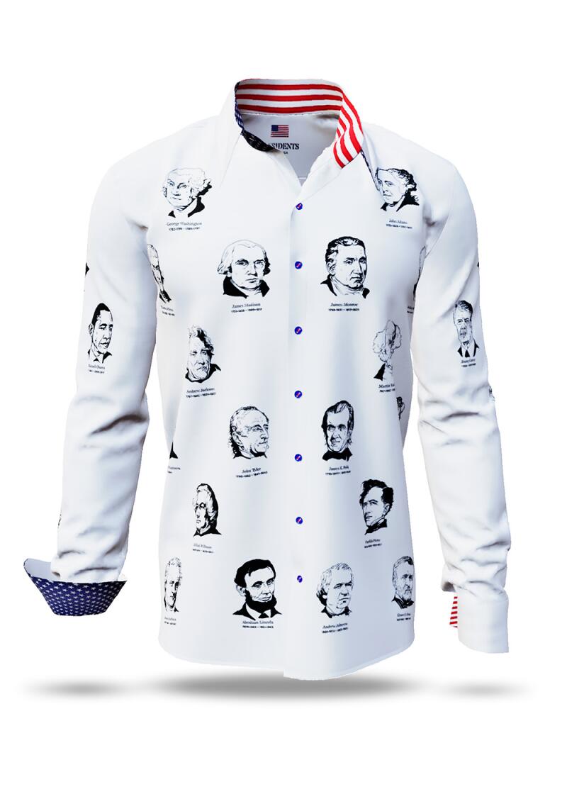 Entdecke die weißen Hemden Herren PRESIDENTS OF THE USA mit allen US Präsidenten Porträts - 100 % Baumwolle Made in Sachsen