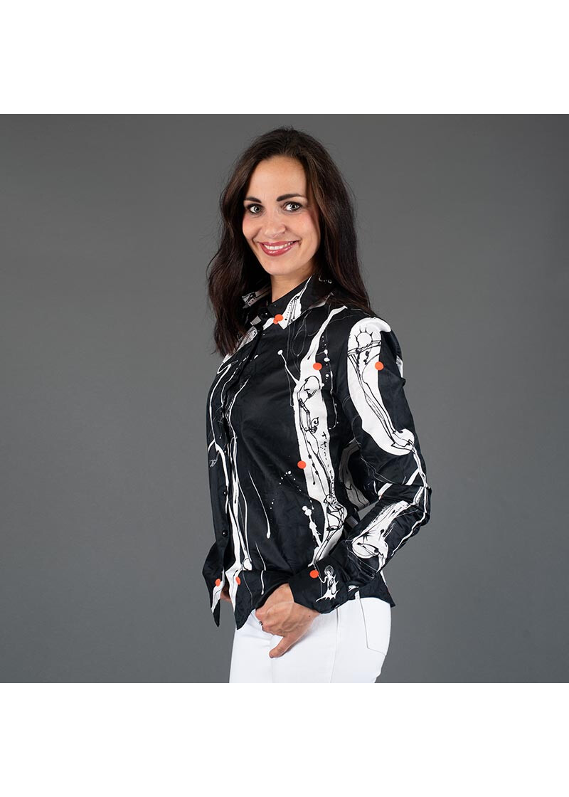 BLACK SWAN - Schwarze Bluse mit weier Zeichnung - GERMENS