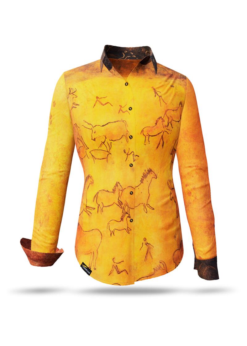 Extravagante orangene Bluse CAVEMAN mit Höhlenmalerein