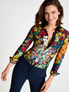 ausgefallene Damenbluse für Damen - BLUMEN MEXICOS - 100 % Baumwolle - GERMENS artfashion - Größen XS bis 3XL
