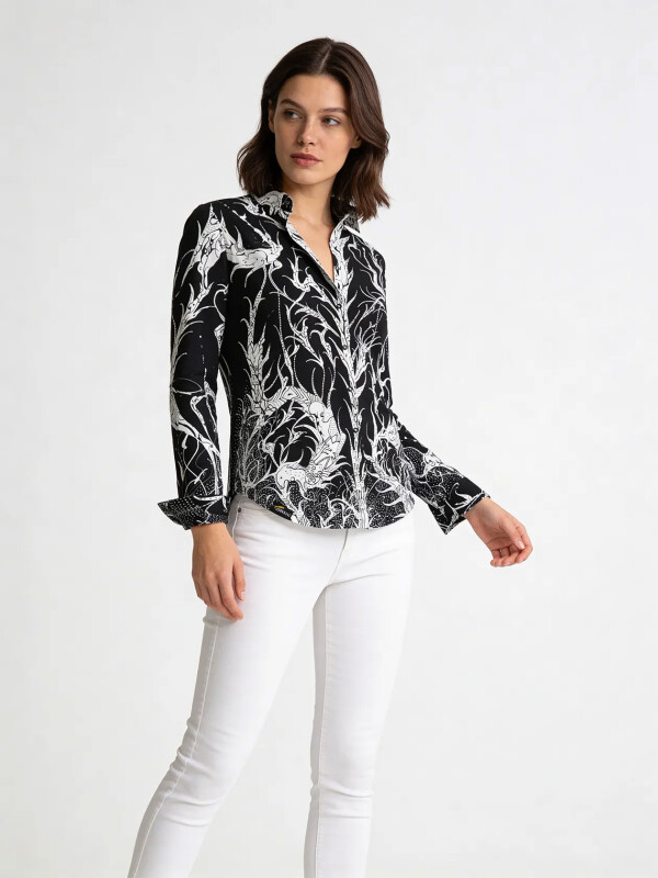 DORNRÖSCHEN BLACK - Schwarze Bluse mit weißer Zeichnung - GERMENS